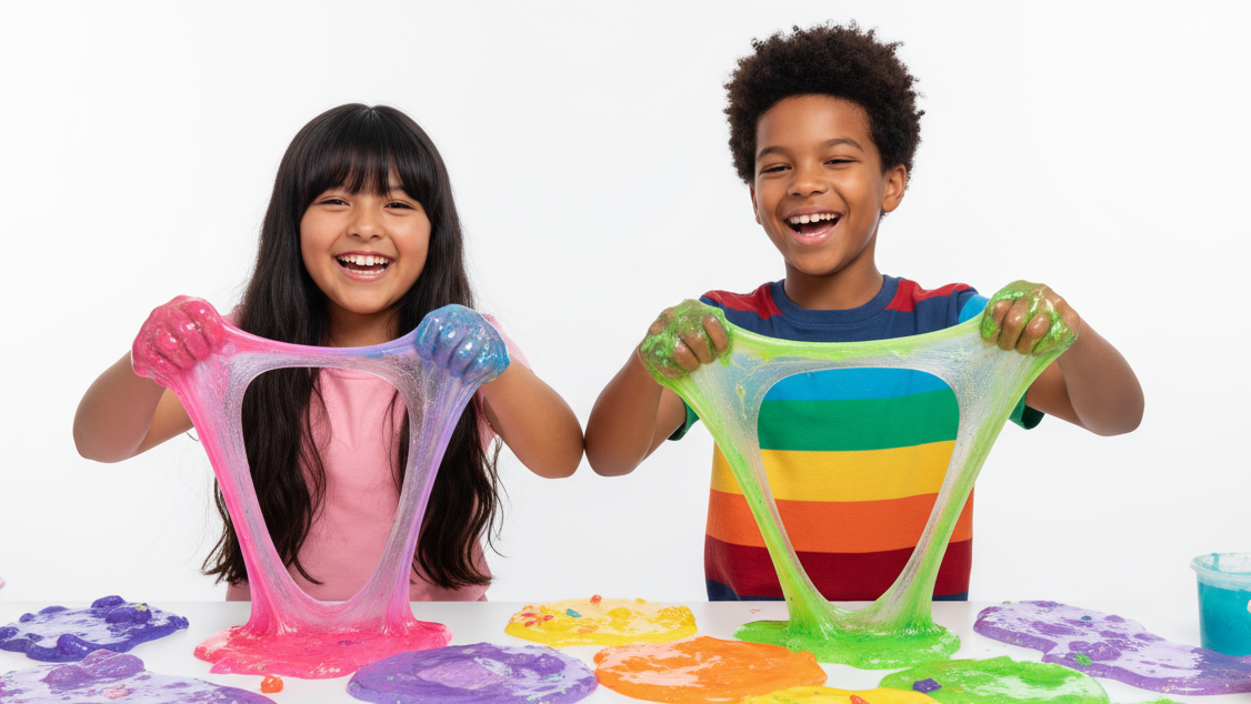 A 13 year old light tan mexican girl with bangs and long black hair and black 12 year old boy with short curly hair. Both of them playing in front of a white background and behind a white table. I want a lot of whimsical and different colored slimes on the table and the girl and boy to both be stretching slime.